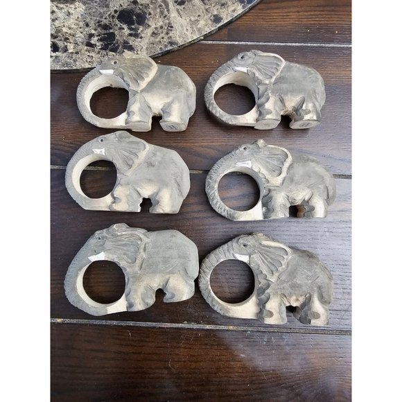 Set Of 6 Wooden Carved Elephant Napkin Ring Holders - Picture 1 of 3
